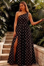 Jacqueline Black Polka Dot A-line One Shoulder Maxi Dress