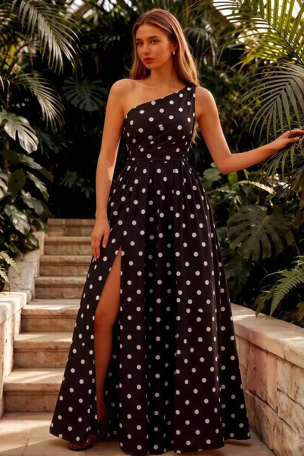 Jacqueline Black Polka Dot A-line One Shoulder Maxi Dress