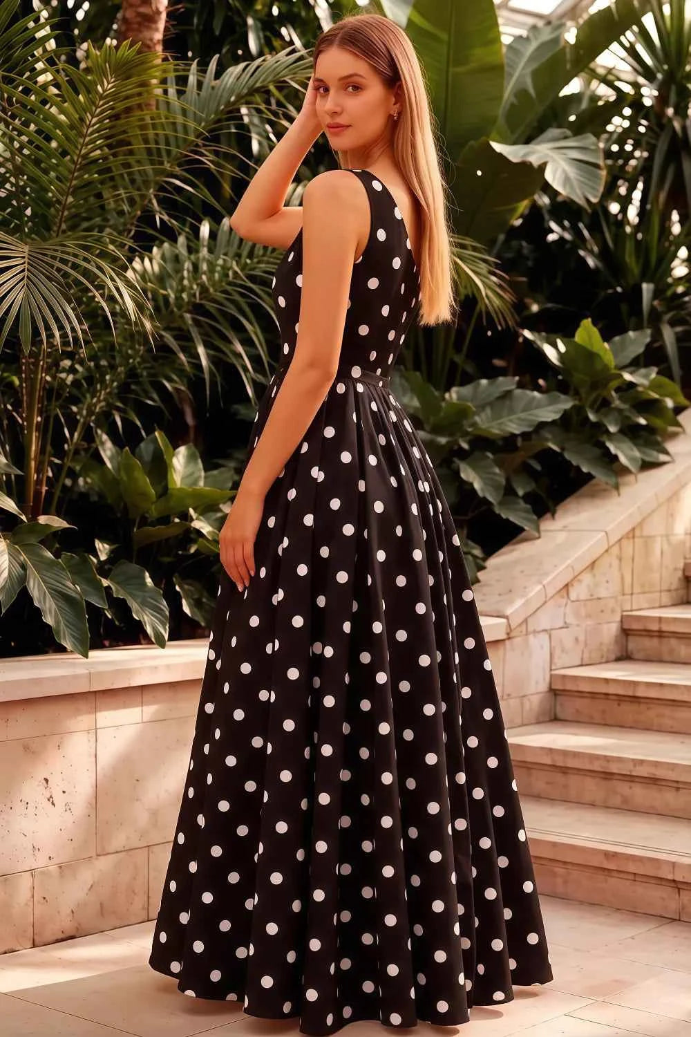Jacqueline Black Polka Dot A-line One Shoulder Maxi Dress