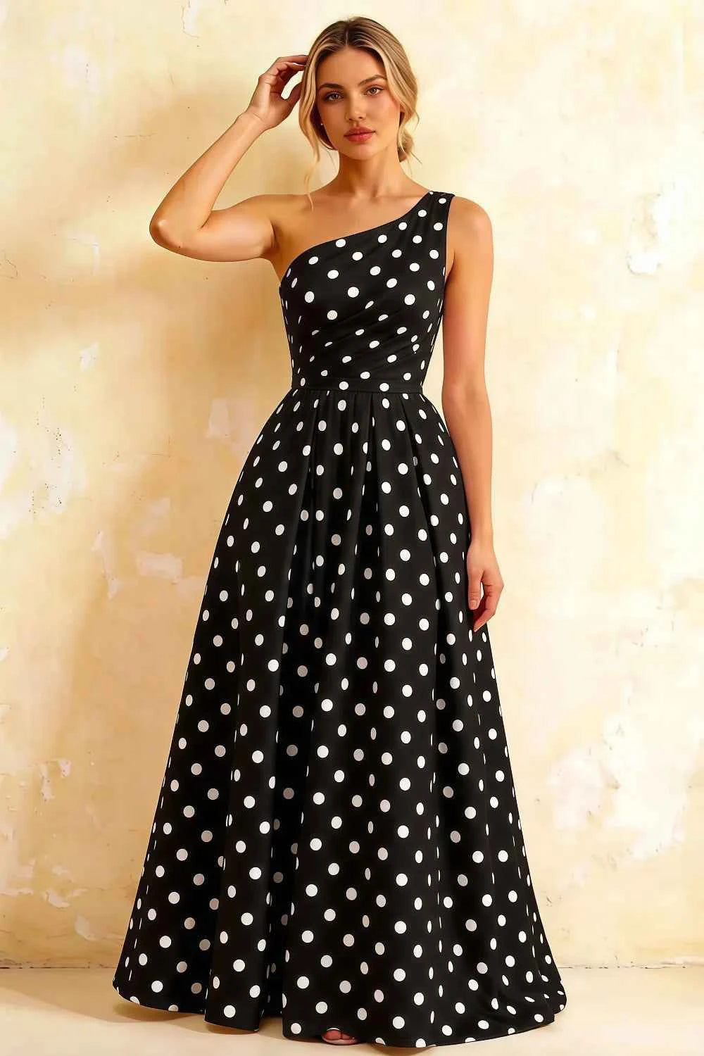 Jacqueline Black Polka Dot A-line One Shoulder Maxi Dress