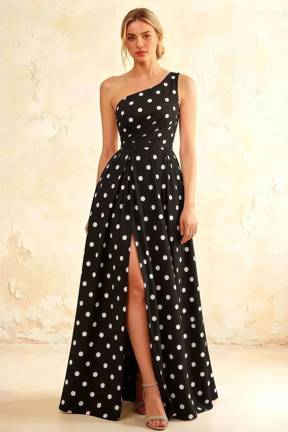 Jacqueline Black Polka Dot A-line One Shoulder Maxi Dress