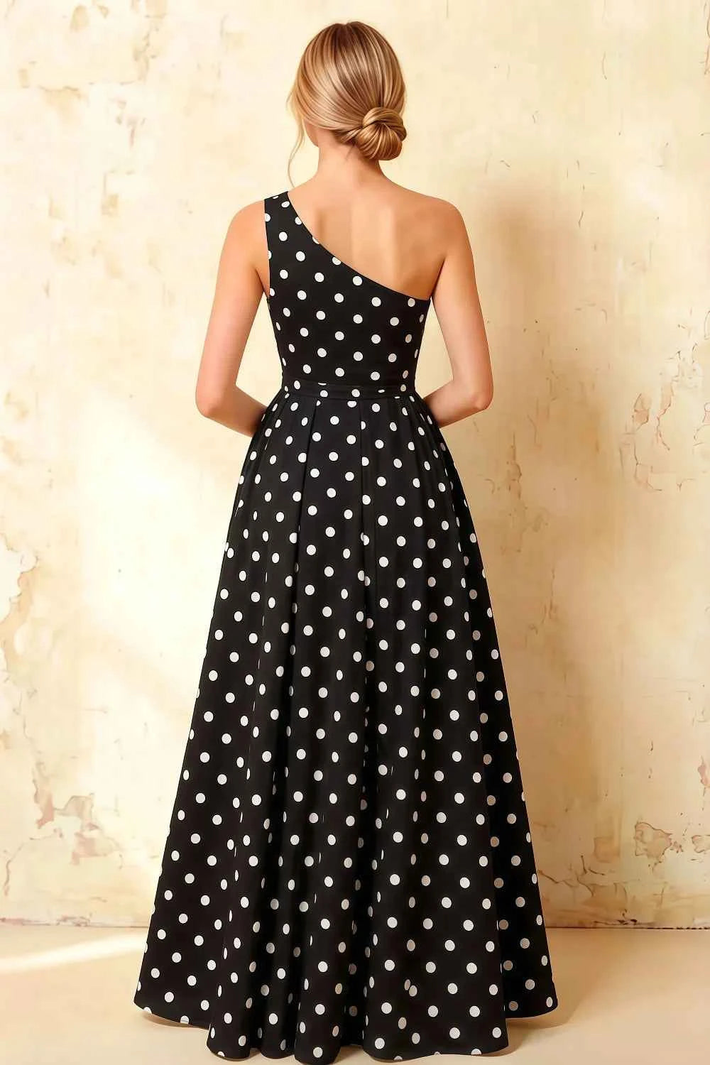 Jacqueline Black Polka Dot A-line One Shoulder Maxi Dress