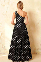 Jacqueline Black Polka Dot A-line One Shoulder Maxi Dress