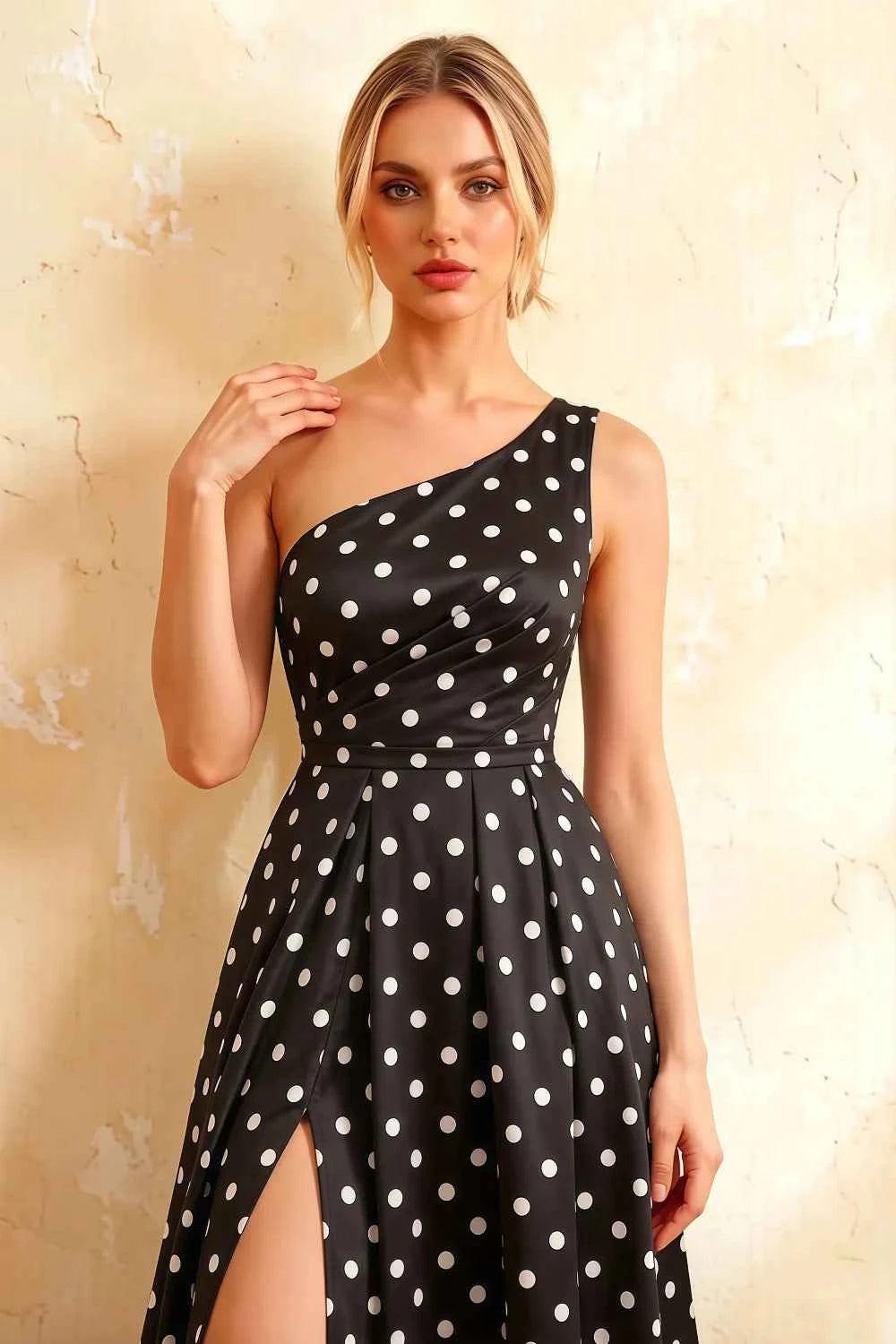 Jacqueline Black Polka Dot A-line One Shoulder Maxi Dress