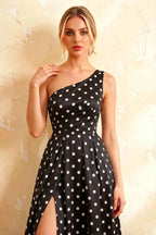 Jacqueline Black Polka Dot A-line One Shoulder Maxi Dress