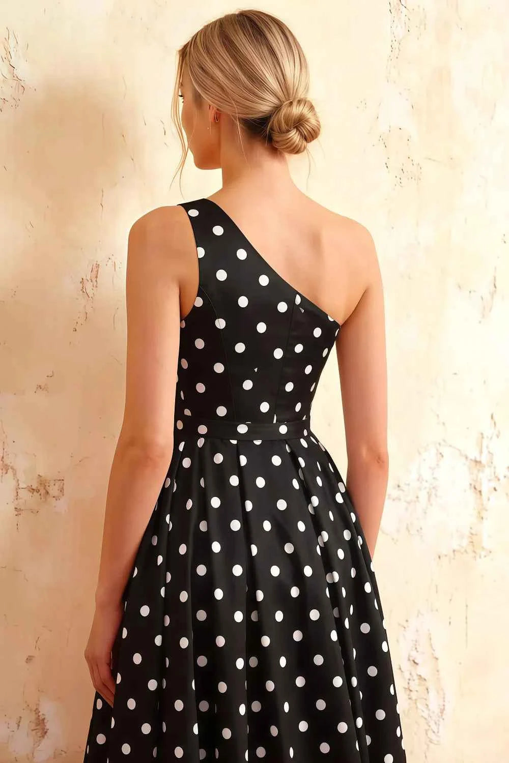 Jacqueline Black Polka Dot A-line One Shoulder Maxi Dress