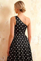 Jacqueline Black Polka Dot A-line One Shoulder Maxi Dress