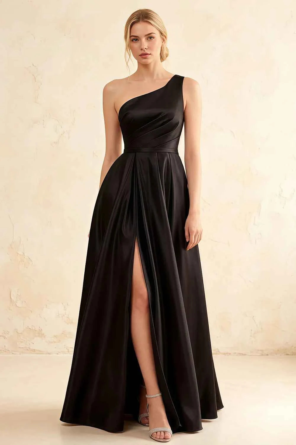 Jacqueline Black Satin A-line One Shoulder Maxi Dress