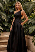 Jacqueline Black Satin A-line One Shoulder Maxi Dress