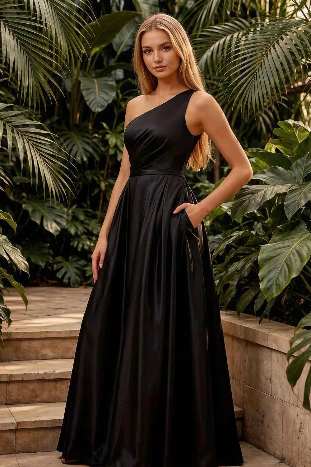 Jacqueline Black Satin A-line One Shoulder Maxi Dress