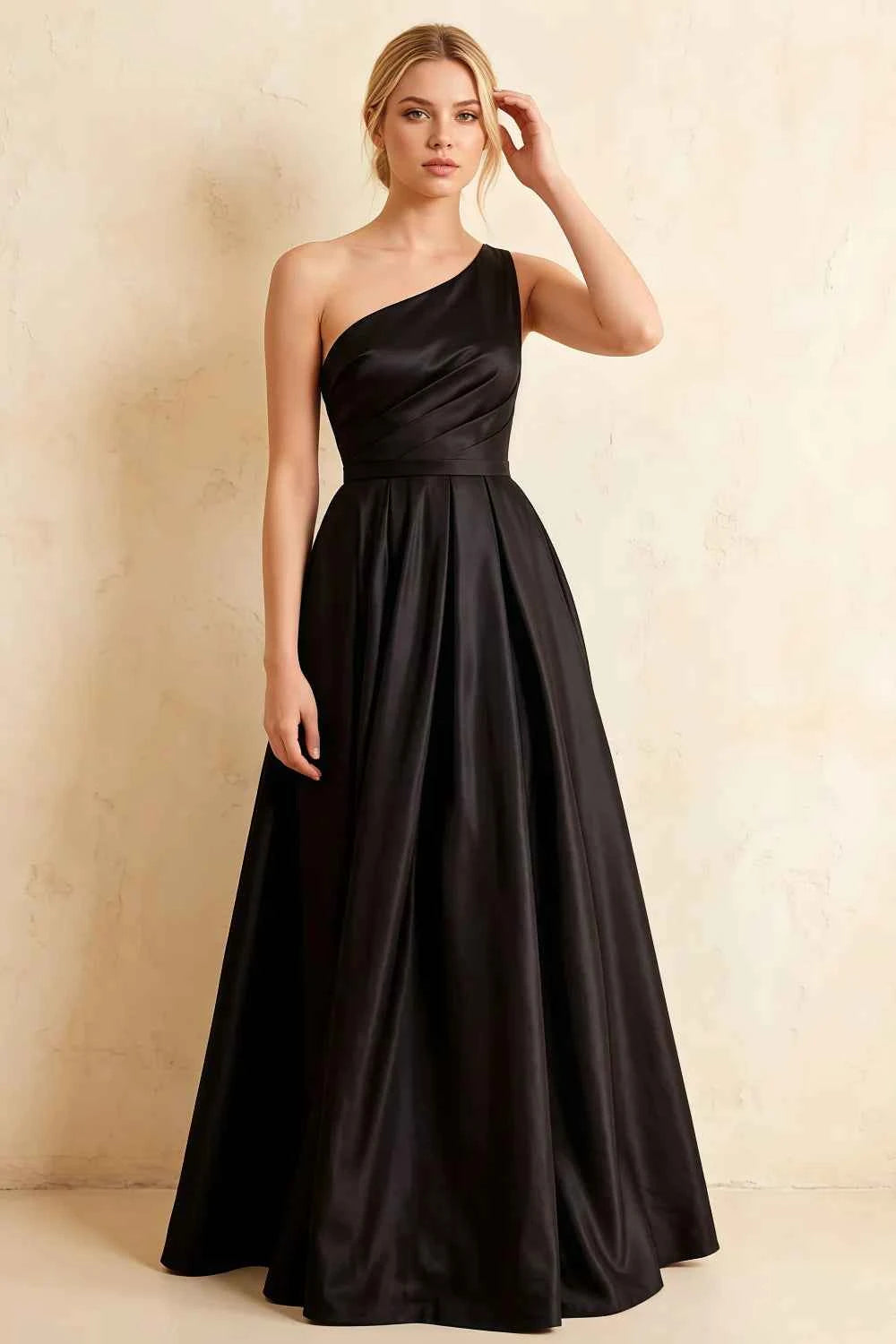 Jacqueline Black Satin A-line One Shoulder Maxi Dress