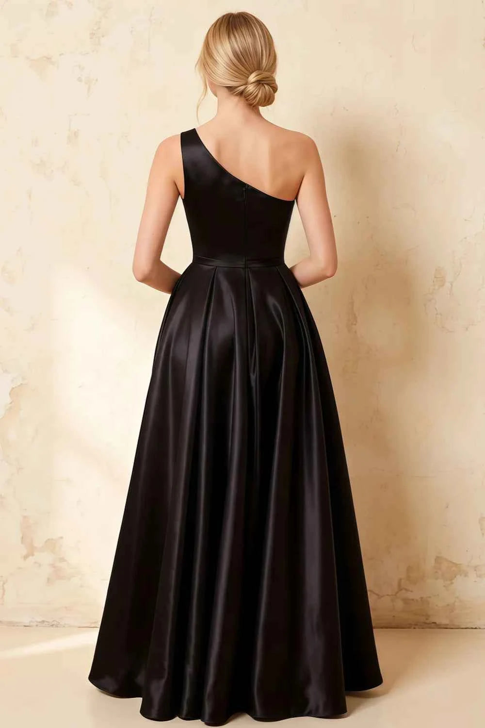 Jacqueline Black Satin A-line One Shoulder Maxi Dress