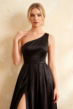 Jacqueline Black Satin A-line One Shoulder Maxi Dress