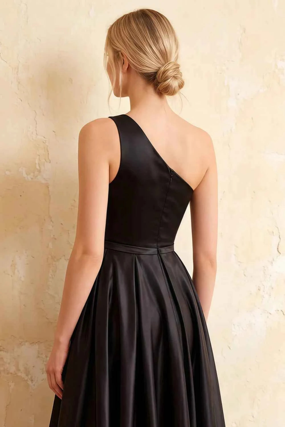 Jacqueline Black Satin A-line One Shoulder Maxi Dress