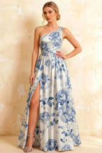 Jacqueline Blue and White Floral A-line One Shoulder Maxi Dress