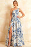 Jacqueline Blue and White Floral A-line One Shoulder Maxi Dress