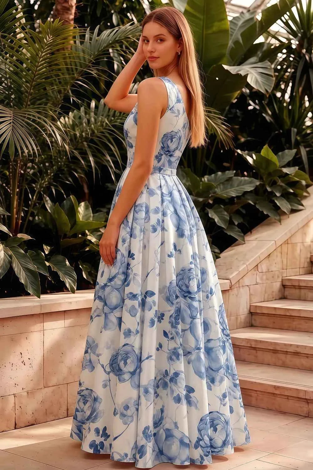 Jacqueline Blue and White Floral A-line One Shoulder Maxi Dress