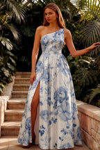 Jacqueline Blue and White Floral A-line One Shoulder Maxi Dress