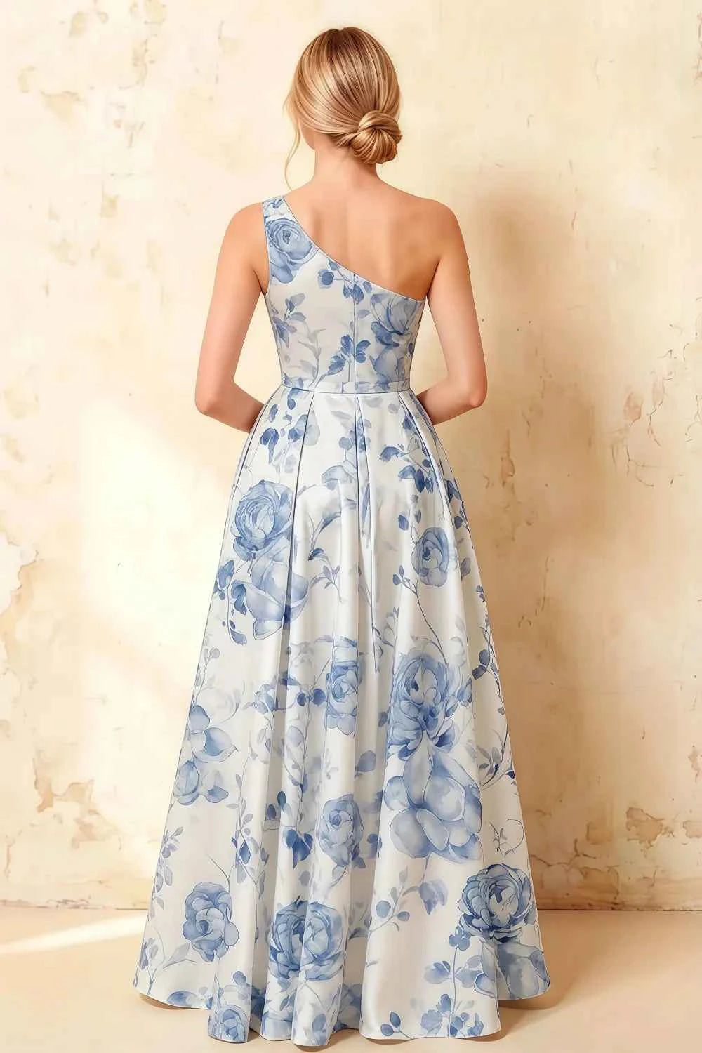 Jacqueline Blue and White Floral A-line One Shoulder Maxi Dress