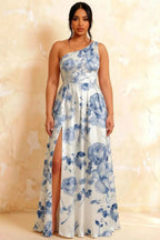 Jacqueline Blue and White Floral A-line One Shoulder Maxi Dress
