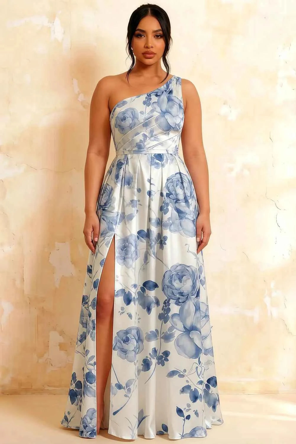 Jacqueline Blue and White Floral A-line One Shoulder Maxi Dress