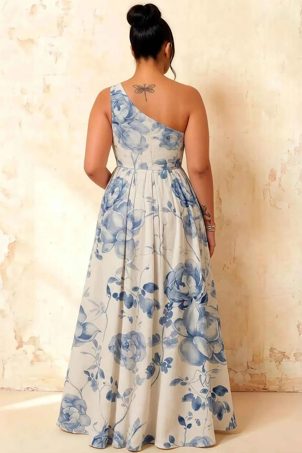 Jacqueline Blue and White Floral A-line One Shoulder Maxi Dress