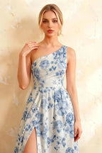 Jacqueline Blue and White Floral A-line One Shoulder Maxi Dress