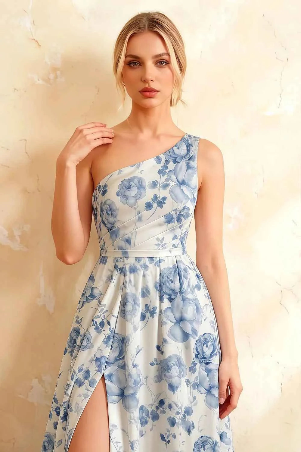 Jacqueline Blue and White Floral A-line One Shoulder Maxi Dress
