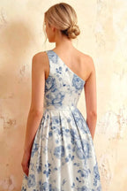 Jacqueline Blue and White Floral A-line One Shoulder Maxi Dress