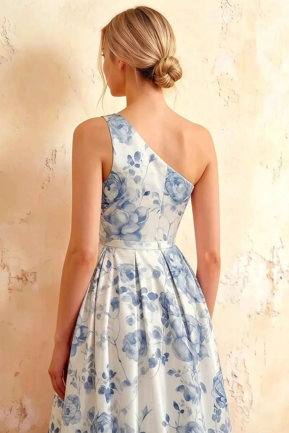 Jacqueline Blue and White Floral A-line One Shoulder Maxi Dress