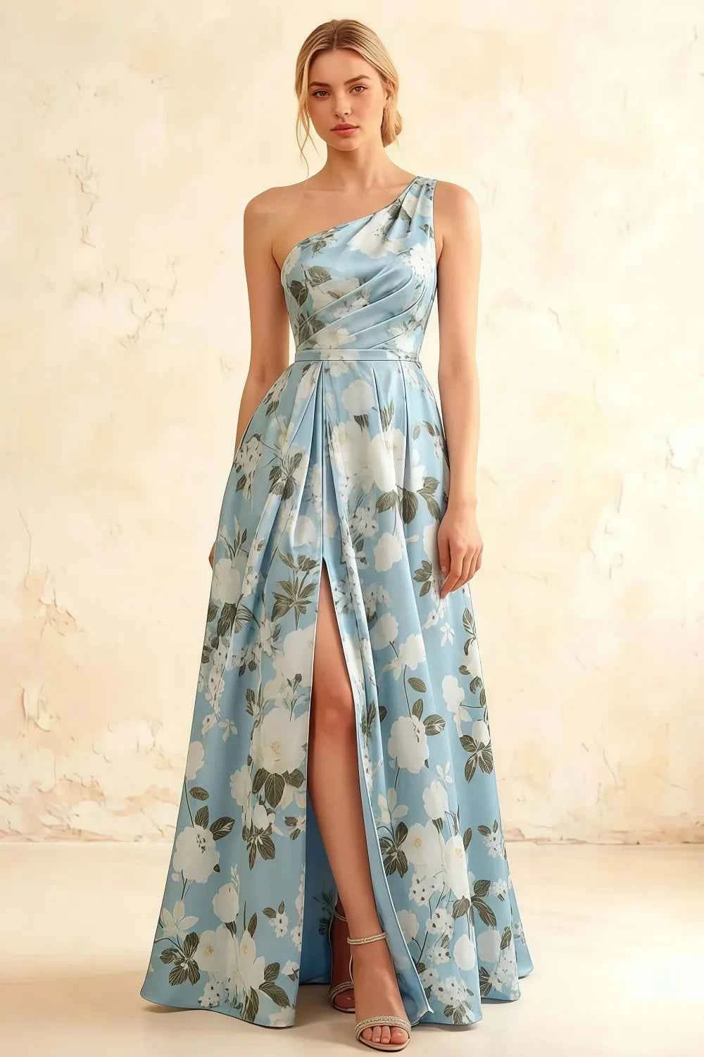 Jacqueline Blue Floral A-line One Shoulder Maxi Dress
