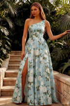 Jacqueline Blue Floral A-line One Shoulder Maxi Dress