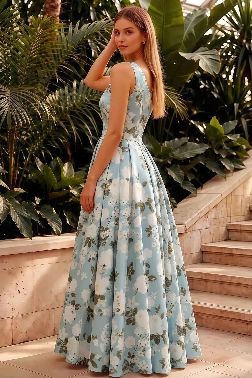 Jacqueline Blue Floral A-line One Shoulder Maxi Dress