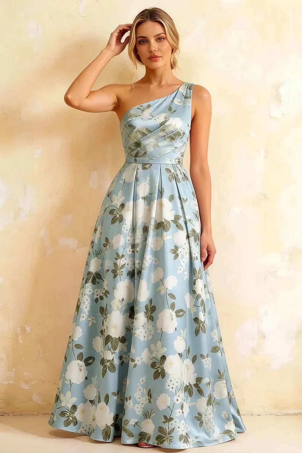 Jacqueline Blue Floral A-line One Shoulder Maxi Dress