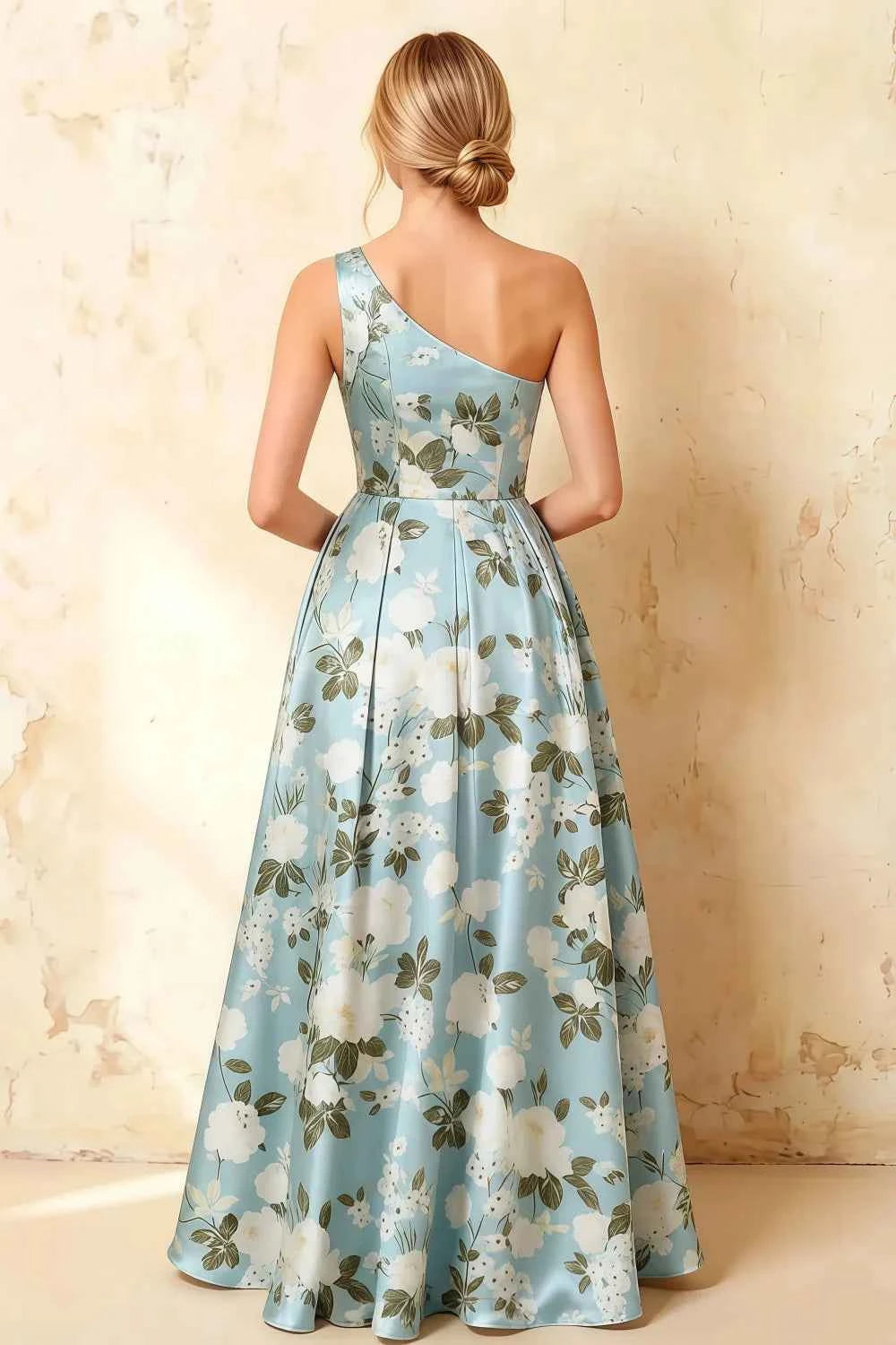 Jacqueline Blue Floral A-line One Shoulder Maxi Dress