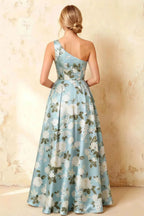Jacqueline Blue Floral A-line One Shoulder Maxi Dress