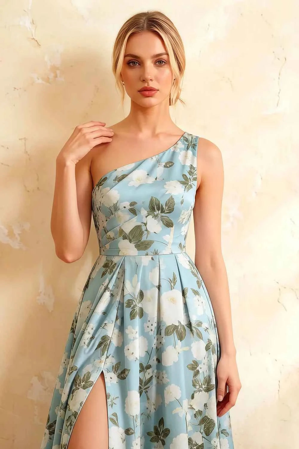 Jacqueline Blue Floral A-line One Shoulder Maxi Dress