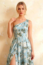 Jacqueline Blue Floral A-line One Shoulder Maxi Dress