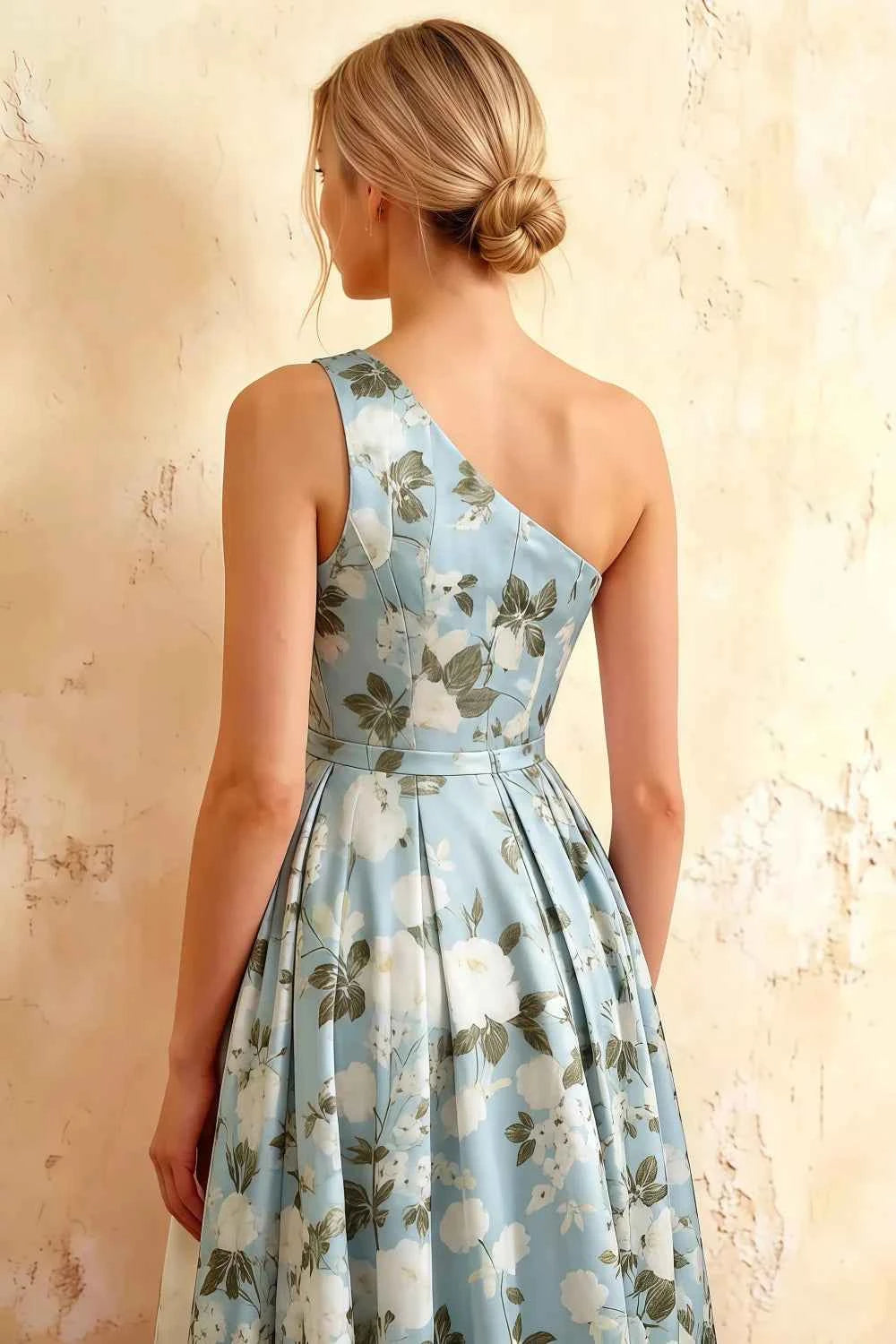 Jacqueline Blue Floral A-line One Shoulder Maxi Dress