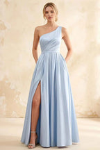 Jacqueline Blue Satin A-line One Shoulder Maxi Dress