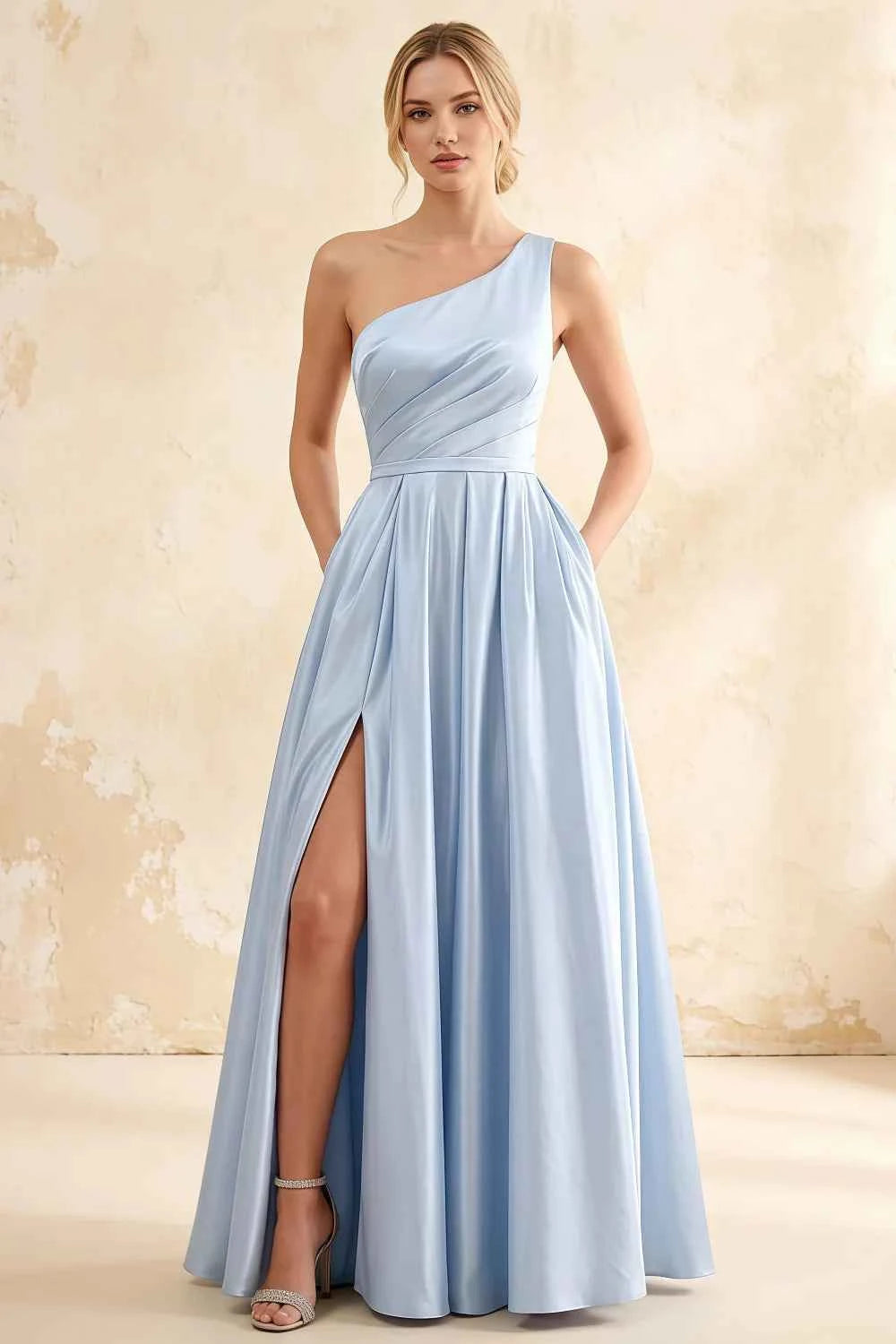 Jacqueline Blue Satin A-line One Shoulder Maxi Dress