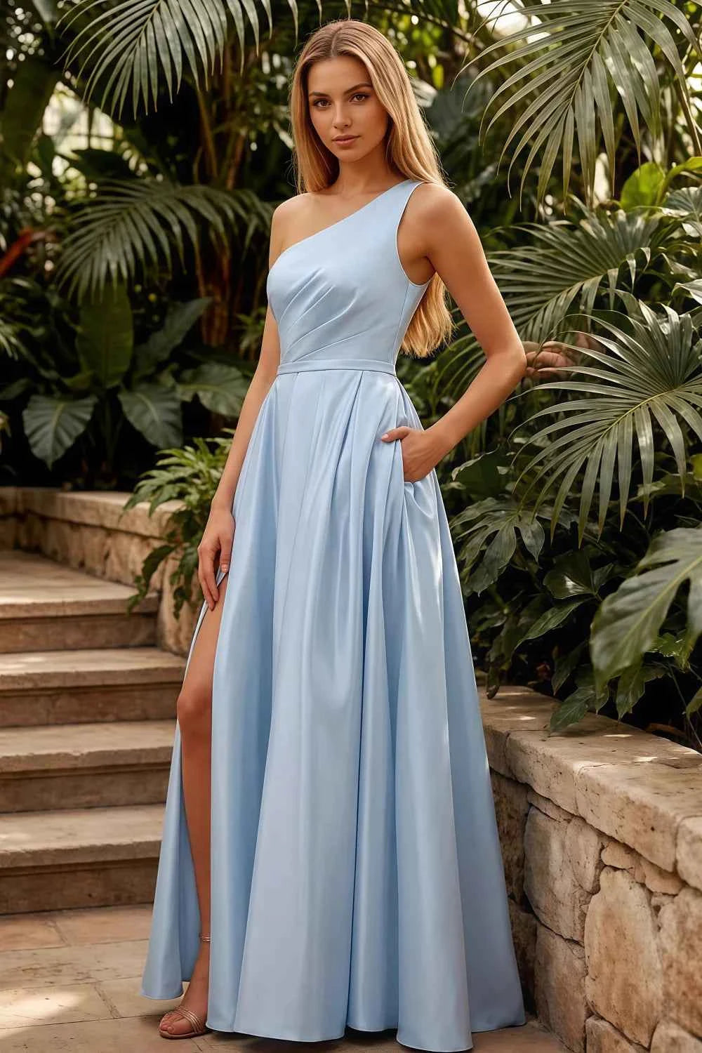 Jacqueline Blue Satin A-line One Shoulder Maxi Dress