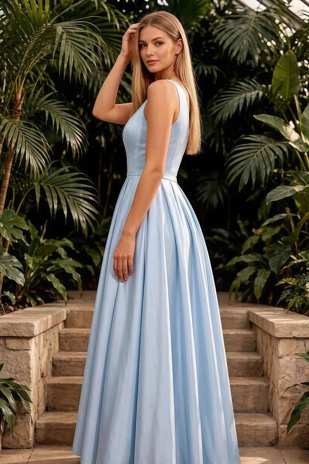 Jacqueline Blue Satin A-line One Shoulder Maxi Dress