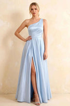 Jacqueline Blue Satin A-line One Shoulder Maxi Dress