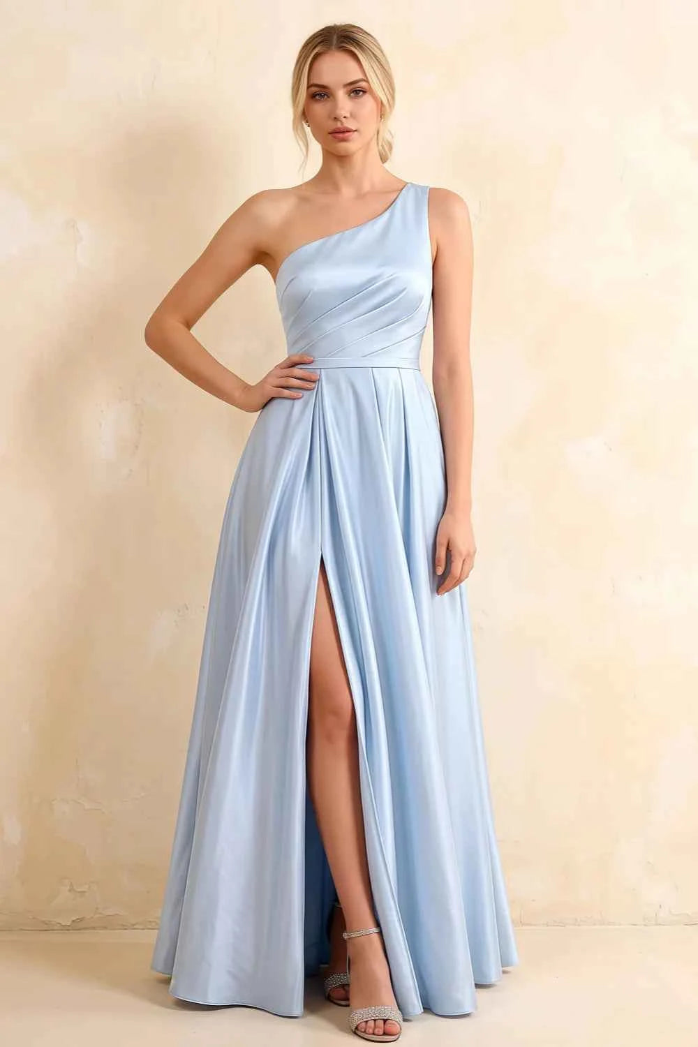 Jacqueline Blue Satin A-line One Shoulder Maxi Dress