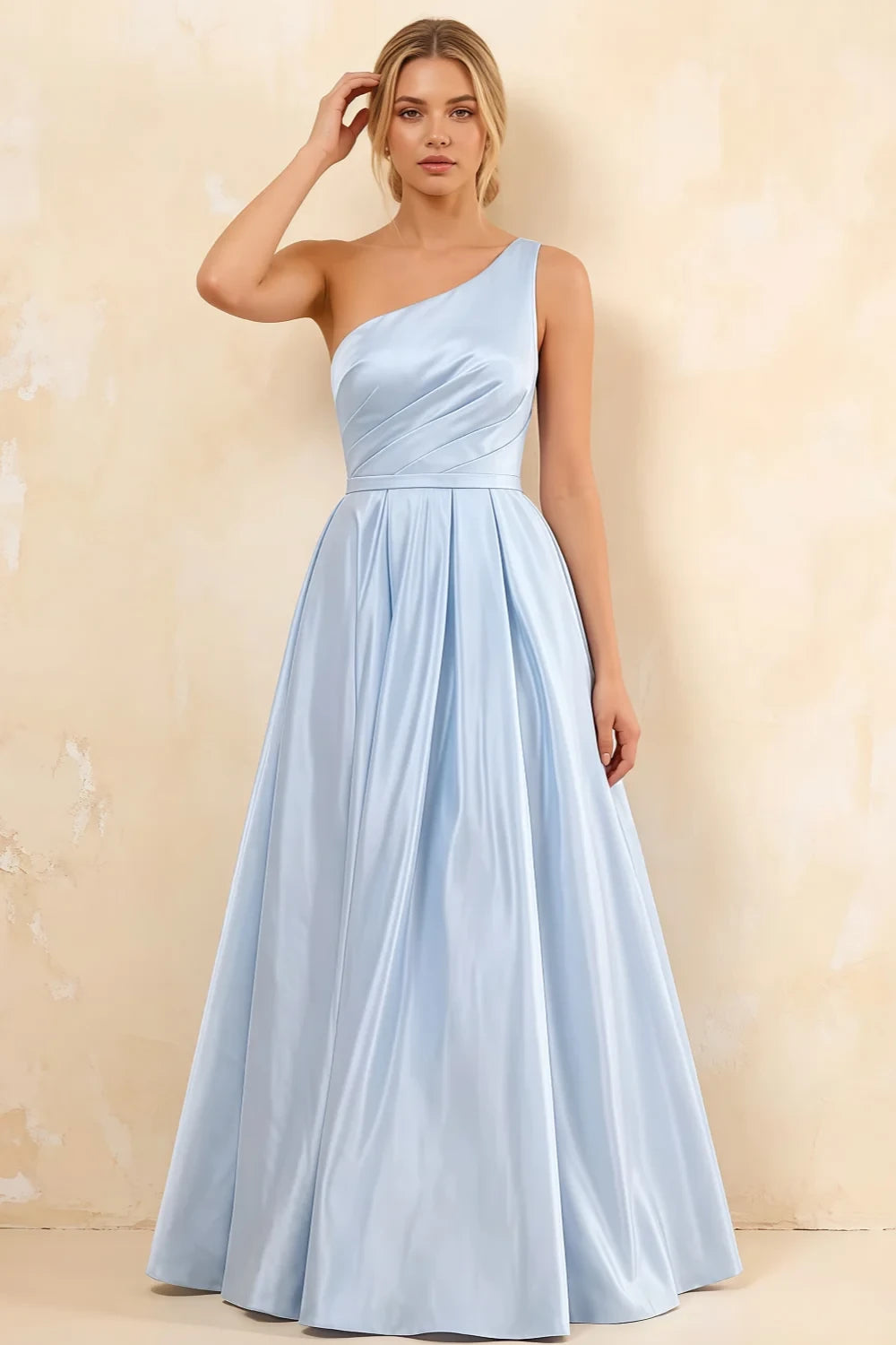 Jacqueline Blue Satin A-line One Shoulder Maxi Dress