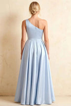Jacqueline Blue Satin A-line One Shoulder Maxi Dress