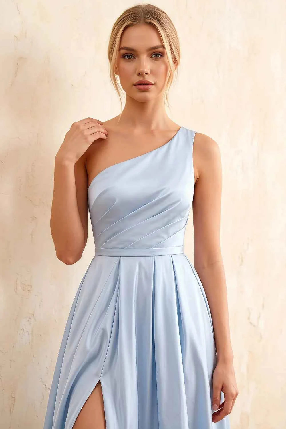 Jacqueline Blue Satin A-line One Shoulder Maxi Dress