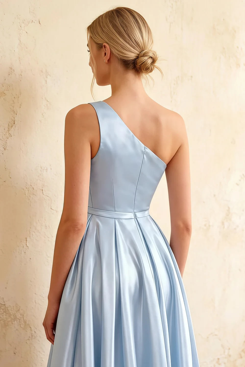 Jacqueline Blue Satin A-line One Shoulder Maxi Dress