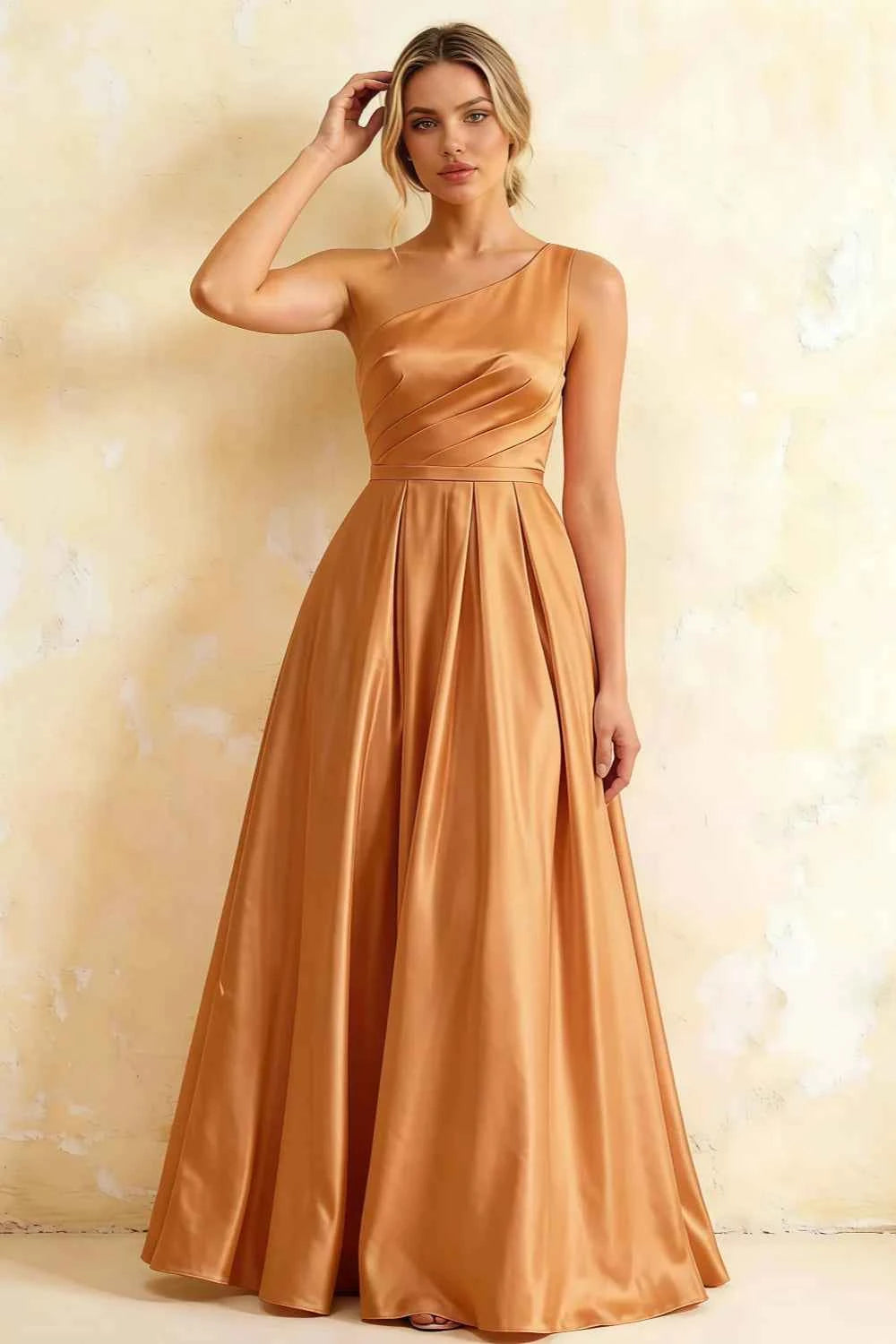 Jacqueline Bronze Satin A-line One Shoulder Maxi Dress